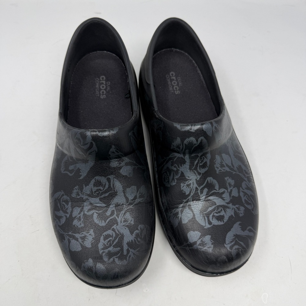 Crocs Neria Pro II Clogs Womens 11 Black Grey Rose Floral Slip Resistant - Picture 2 of 5